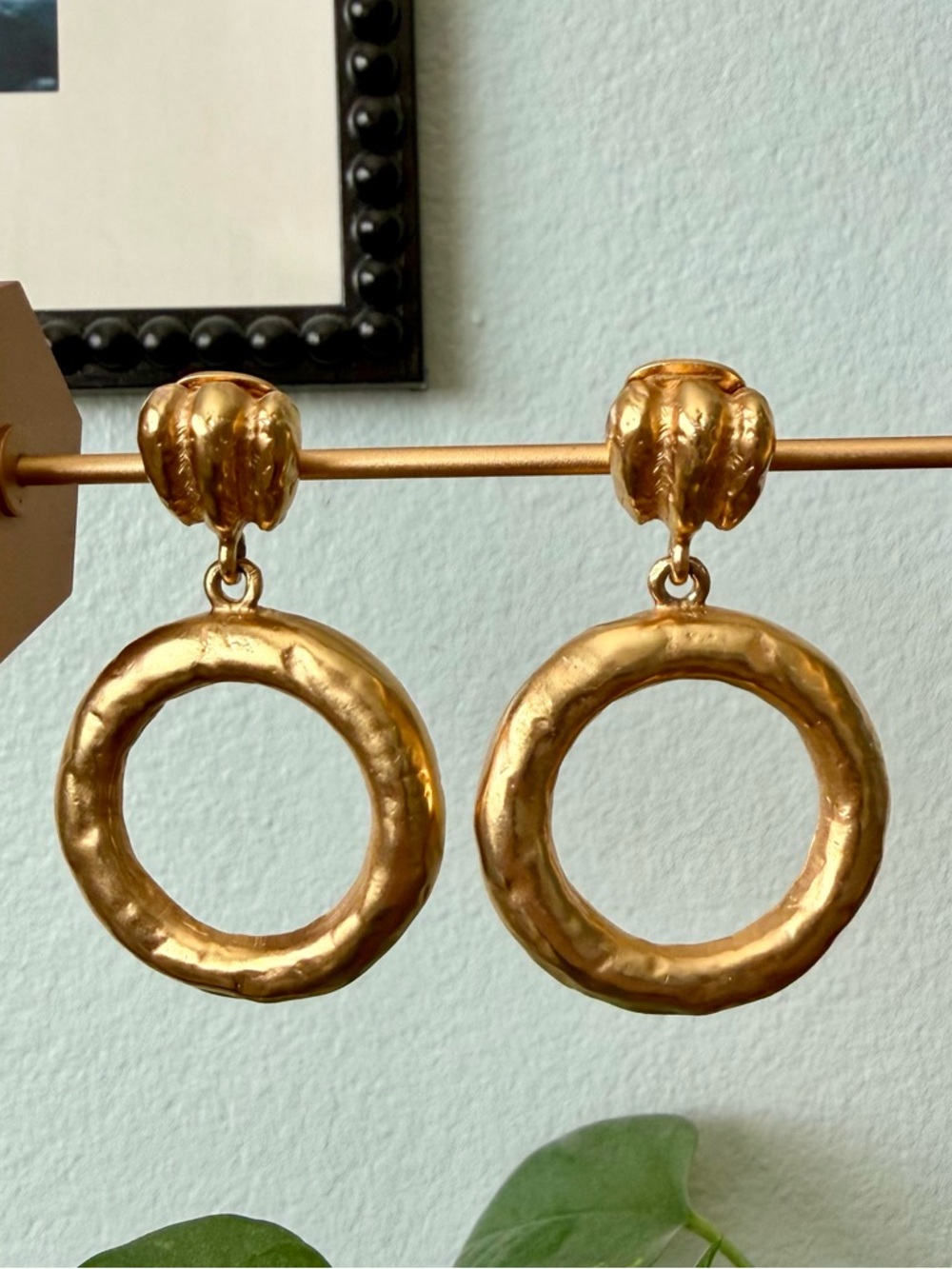 Vintage Anne Klein Gold Tone Textured Hoop Drop Dangle Door Knocker Earrings